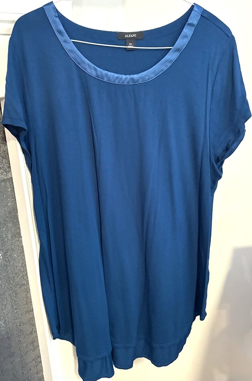 Alfani Teal Blue Satin-Trim Short Sleeve Top, Women's XXL